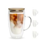 Double-Wall Borosilicate Glass Coffee Mug with Handle & Bamboo Lid - 340ml